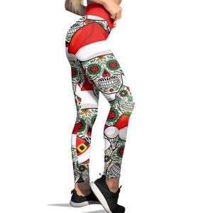 Christmas Holiday Santa Skull Print HW Leggings High Waisted Size Small
